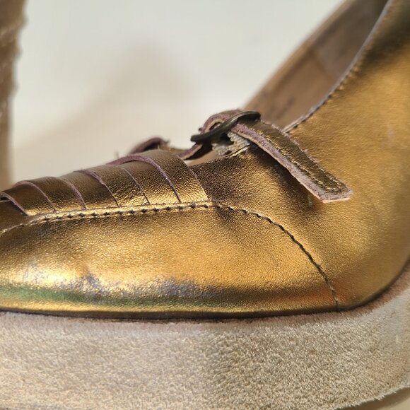 Vtg Steve Madden Gold Bronze Round Toe Platform Wedge Heel 7.5 - Picture 15 of 16